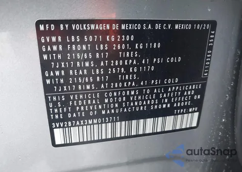 2021 Volkswagen Tiguan 2.0T Se/2.0T Se R-Line Black/2.0T Sel из США, поврежденный, VIN 3VV2B7AX3MM013711